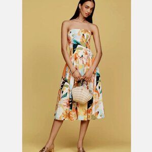 Anthropologie Drop-Waist Midi Dress Yellow Tropical Floral Size XS NWT